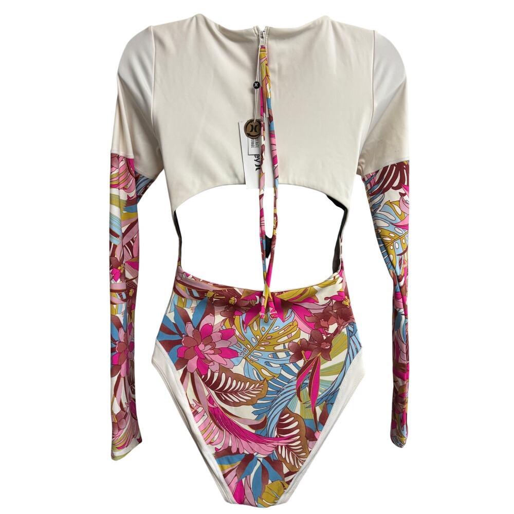 Hurley Womens One Piece Swimsuit Medium Floral Long Sleeve Cutout Surf Suit New - Picture 4 of 9